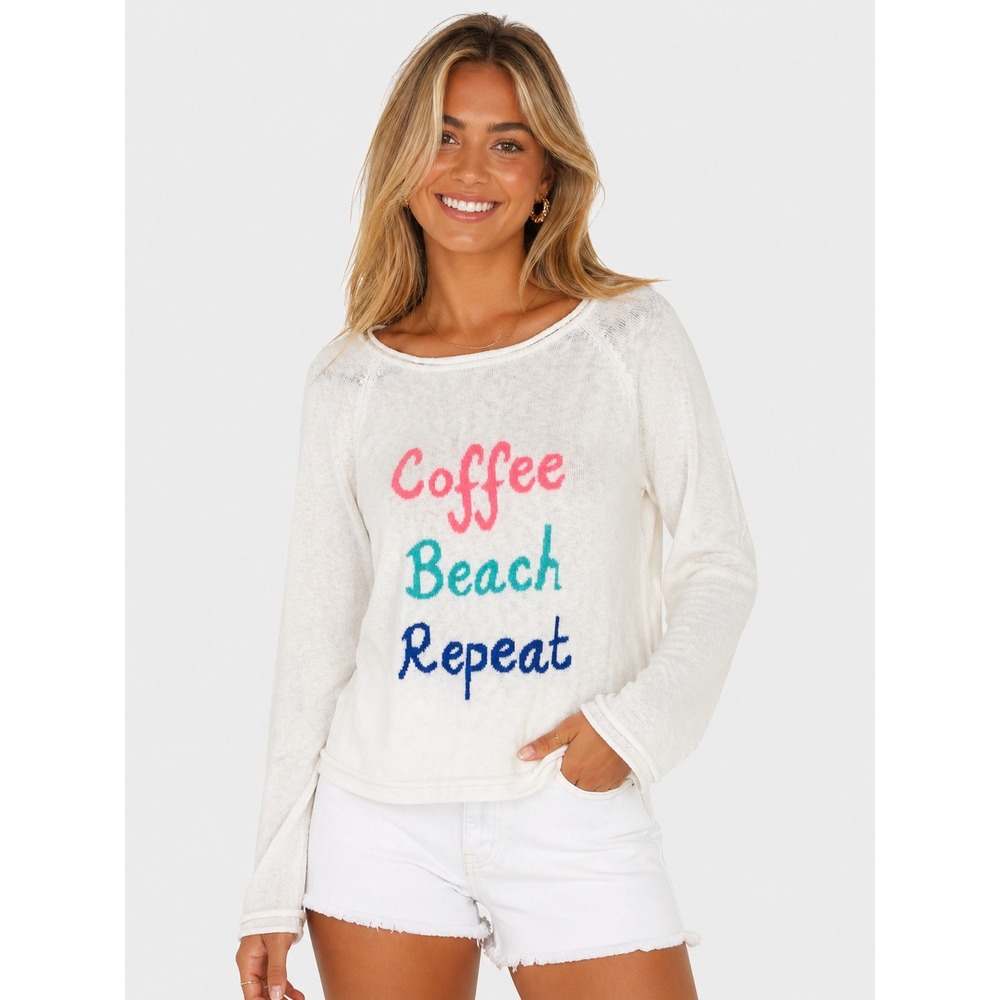 Lilly Pulitzer Cotton Danette Sweater Resort White Coffee Beach Repeat Graphic L